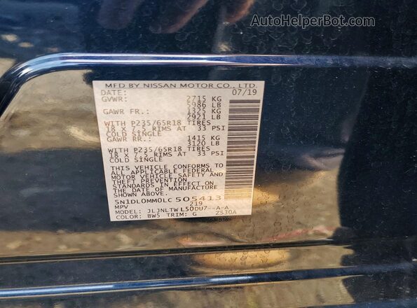 5N1DL0MM0LC505413 2020 INFINITI QX60 Blue Вид наклейки з VIN-кодом
