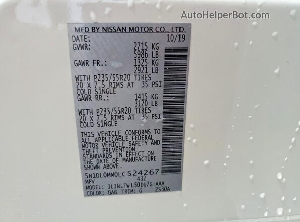 5N1DL0MM0LC524267 2020 INFINITI QX60 White VIN კოდის სტიკერის ხედი