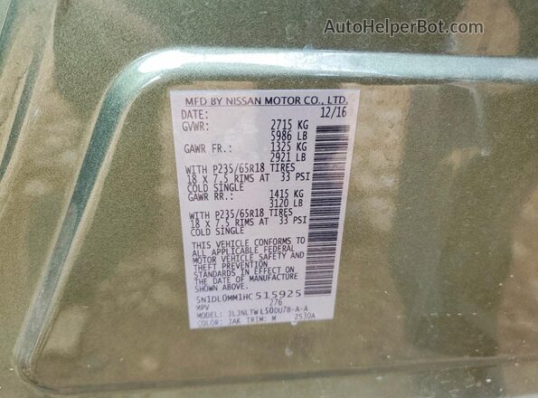 5N1DL0MM1HC515925 2017 INFINITI QX60 Green Вид наклейки з VIN-кодом