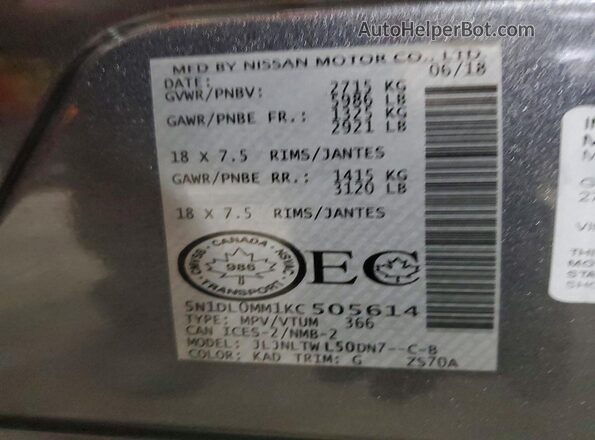 5N1DL0MM1KC505614 2019 INFINITI QX60 Gray VIN կոդի պիտակի տեսք