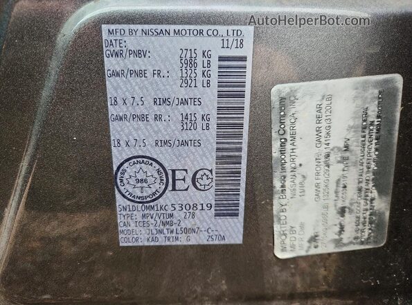 5N1DL0MM1KC530819 2019 INFINITI QX60 Silver VIN կոդի պիտակի տեսք