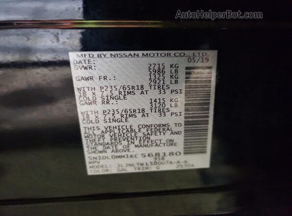 5N1DL0MM1KC568180 2019 INFINITI QX60 Black VIN კოდის სტიკერის ხედი
