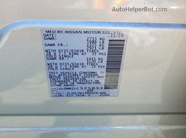 5N1DL0MM1LC525833 2020 INFINITI QX60 Silver Շարժիչի բաժամունքի տեսք