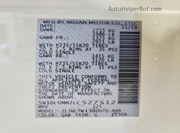 5N1DL0MM2LC527512 2020 INFINITI QX60 White Շարժիչի բաժամունքի տեսք