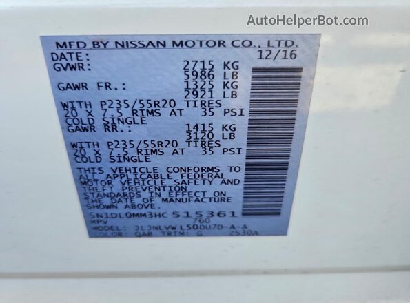 5N1DL0MM3HC515361 2017 INFINITI QX60 White VIN კოდის სტიკერის ხედი