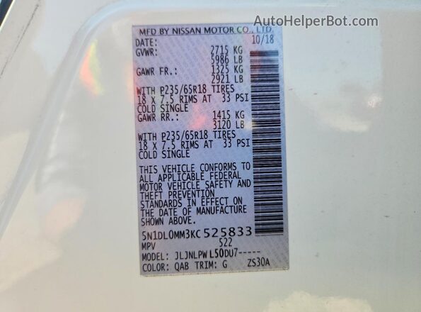 5N1DL0MM3KC525833 2019 INFINITI QX60 White Widok naklejki z numerem VIN