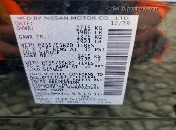 5N1DL0MM3LC531536 2020 INFINITI QX60 Black VIN կոդի պիտակի տեսք