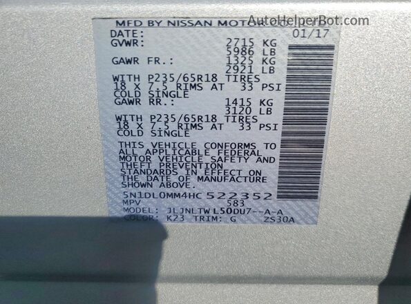 5N1DL0MM4HC522352 2017 INFINITI QX60 Silver Widok naklejki z numerem VIN