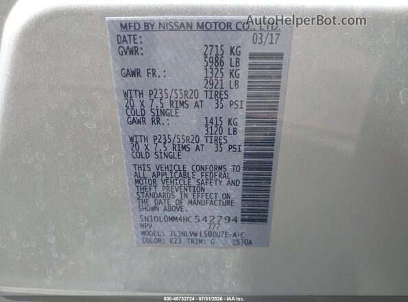 5N1DL0MM4HC542794 2017 INFINITI QX60 Silver Շարժիչի բաժամունքի տեսք