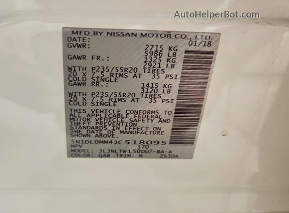 5N1DL0MM4JC518095 2018 INFINITI QX60 White Widok wnętrza 360 stopni