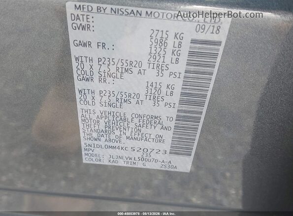 5N1DL0MM4KC520723 2019 INFINITI QX60 Gray Շարժիչի բաժամունքի տեսք