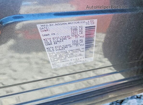 5N1DL0MM4KC554144 2019 INFINITI QX60 Charcoal VIN կոդի պիտակի տեսք