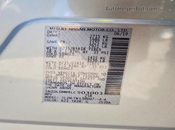 5N1DL0MM4LC503003 2020 INFINITI QX60 Silver Вид наклейки з VIN-кодом