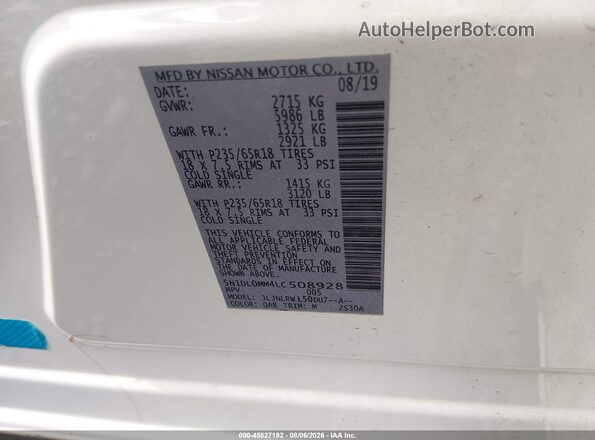 5N1DL0MM4LC508928 2020 INFINITI QX60 White Շարժիչի բաժամունքի տեսք