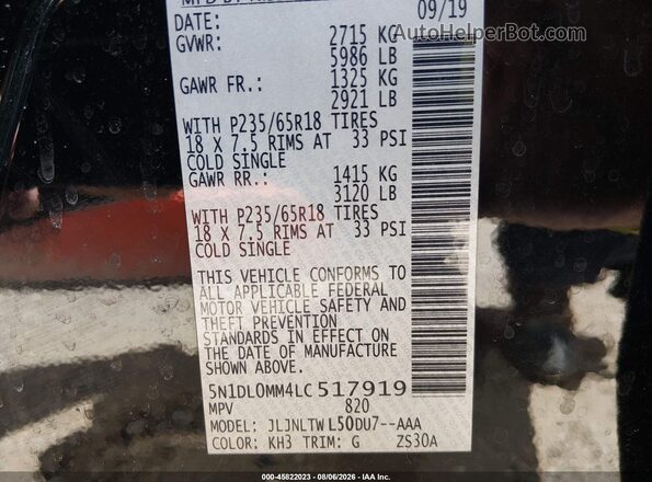 5N1DL0MM4LC517919 2020 INFINITI QX60 Black Շարժիչի բաժամունքի տեսք