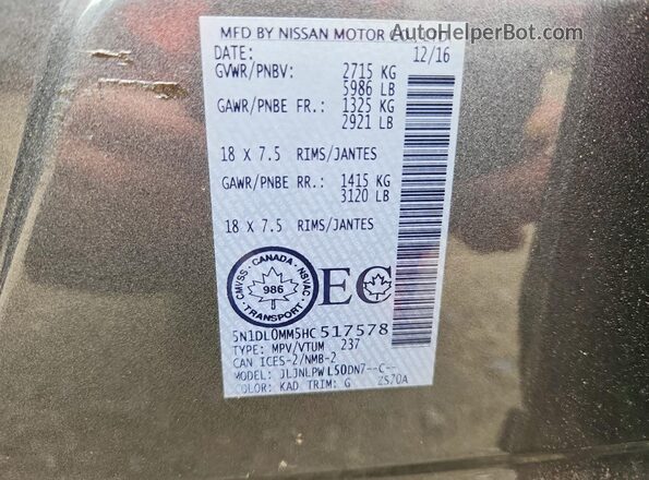 5N1DL0MM5HC517578 2017 INFINITI QX60 Gray VIN sticker view