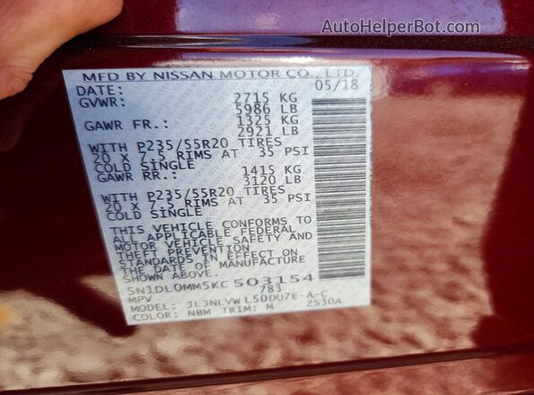 5N1DL0MM5KC503154 2019 INFINITI QX60 Burgundy VIN sticker view
