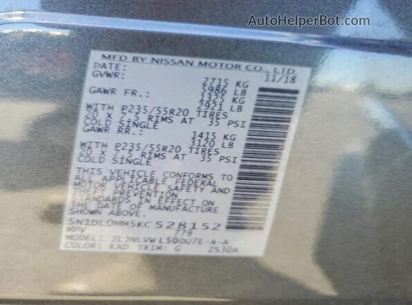 5N1DL0MM5KC528152 2019 INFINITI QX60 Gray Widok komory silnika