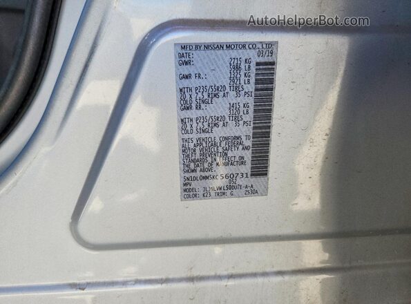 5N1DL0MM5KC560731 2019 INFINITI QX60 Серебряный Вид наклейки с VIN-кодом