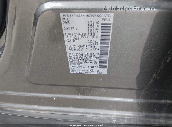 5N1DL0MM5LC518027 2020 INFINITI QX60 Gray Շարժիչի բաժամունքի տեսք