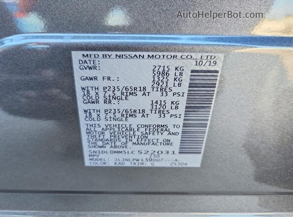 5N1DL0MM5LC522031 2020 INFINITI QX60 Silver Vista de la etiqueta del VIN