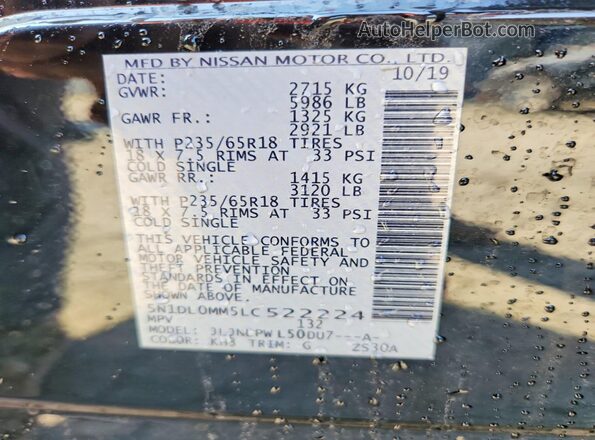 5N1DL0MM5LC522224 2020 INFINITI QX60 Black Widok naklejki z numerem VIN