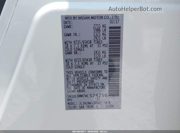 5N1DL0MM7HC524256 2017 INFINITI QX60 White Vista del compartimento del motor