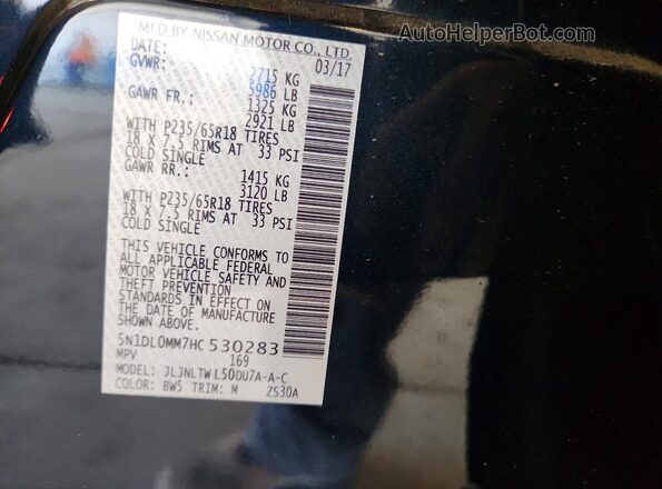 5N1DL0MM7HC530283 2017 INFINITI QX60 Blue VIN sticker view