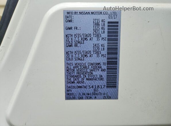 5N1DL0MM7HC541817 2017 INFINITI QX60 White Vista del compartimento del motor