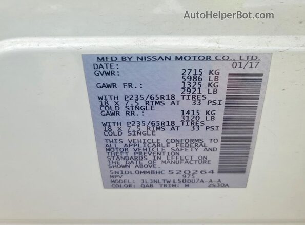 5N1DL0MM8HC520264 2017 INFINITI QX60 White Widok naklejki z numerem VIN