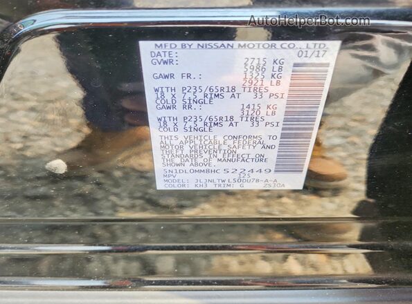 5N1DL0MM8HC522449 2017 INFINITI QX60 Black Widok naklejki z numerem VIN
