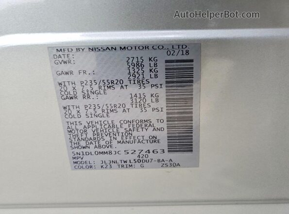 5N1DL0MM8JC527463 2018 INFINITI QX60 Silver VIN կոդի պիտակի տեսք