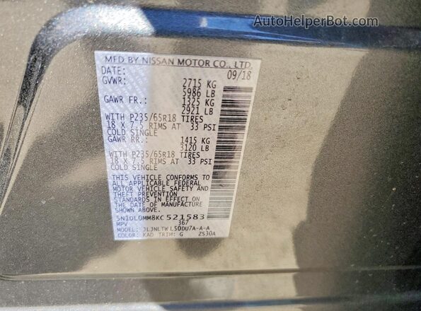 5N1DL0MM8KC521583 2019 INFINITI QX60 Gray VIN կոդի պիտակի տեսք
