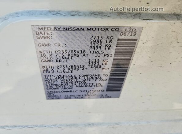 5N1DL0MM8LC502999 2020 INFINITI QX60 White Սալոնի 360 աստիճան տեսք