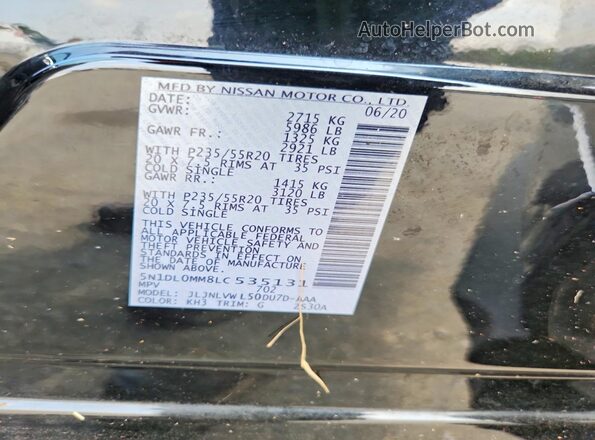 5N1DL0MM8LC535131 2020 INFINITI QX60 Black VIN կոդի պիտակի տեսք