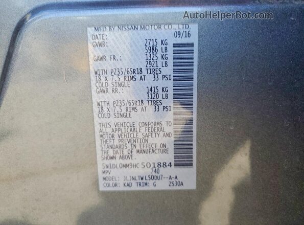 5N1DL0MM9HC501884 2017 INFINITI QX60 Gray VIN sticker view