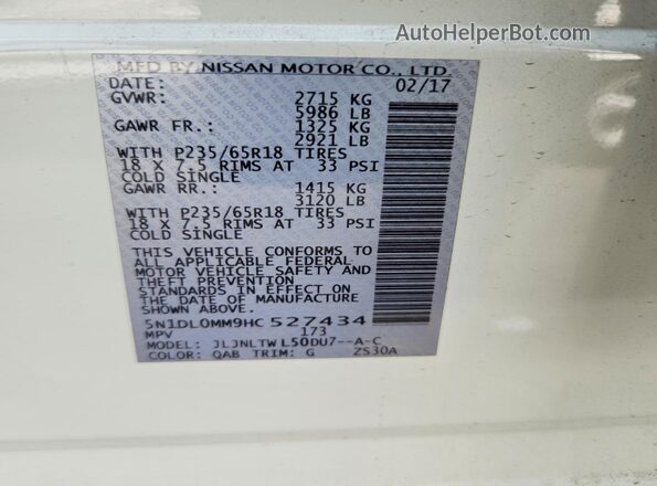 5N1DL0MM9HC527434 2017 INFINITI QX60 White Widok wnętrza 360 stopni
