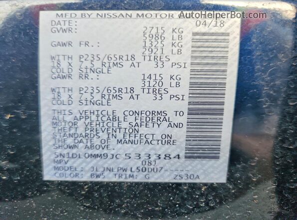 5N1DL0MM9JC533384 2018 INFINITI QX60 Blue Vista de la etiqueta del VIN