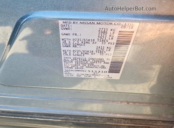 5N1DL0MM9KC515310 2019 INFINITI QX60 Gray 