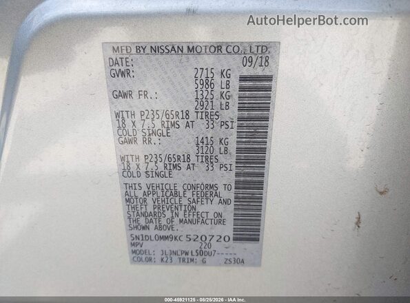 5N1DL0MM9KC520720 2019 INFINITI QX60 Silver ძრავის განყოფილების ხედი
