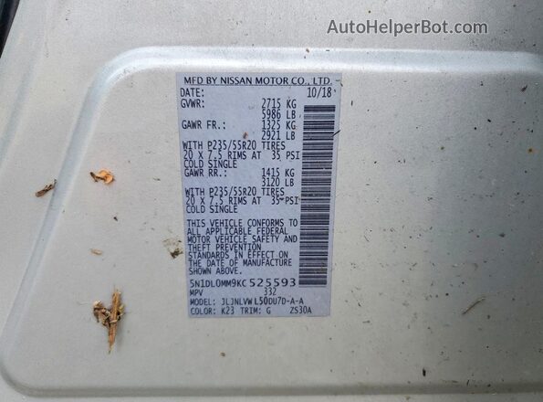 5N1DL0MM9KC525593 2019 INFINITI QX60 Silver VIN კოდის სტიკერის ხედი