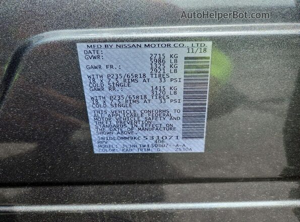5N1DL0MM9KC531071 2019 INFINITI QX60 Gray Widok naklejki z numerem VIN