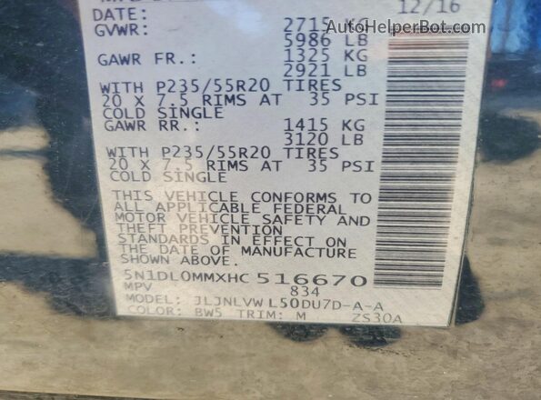 5N1DL0MMXHC516670 2017 INFINITI QX60 Blue VIN կոդի պիտակի տեսք