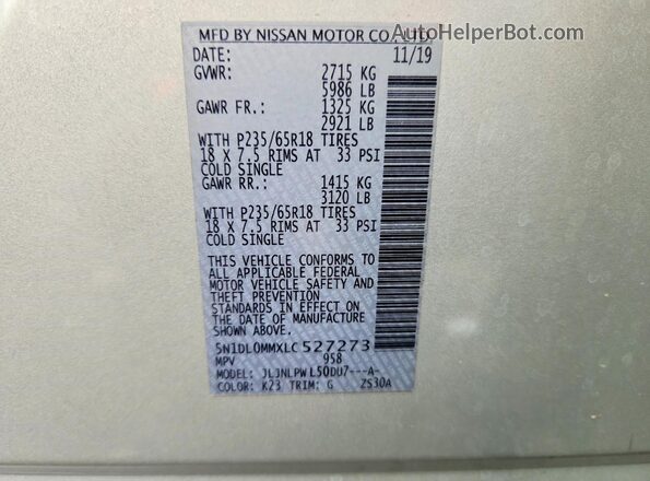 5N1DL0MMXLC527273 2020 INFINITI QX60 Silver VIN კოდის სტიკერის ხედი