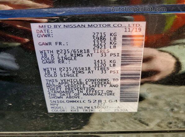 5N1DL0MMXLC528164 2020 INFINITI QX60 Black VIN կոդի պիտակի տեսք