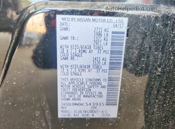 5N1DL0MN0HC543935 2017 INFINITI QX60 Black VIN კოდის სტიკერის ხედი