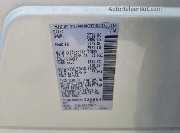 5N1DL0MN0KC529864 2019 INFINITI QX60 Серебряный Вид наклейки с VIN-кодом