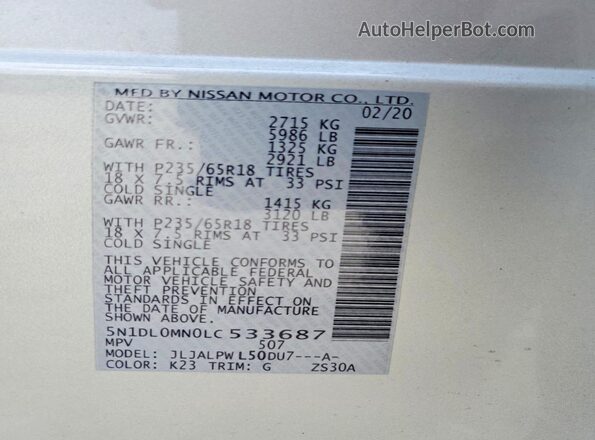 5N1DL0MN0LC533687 2020 INFINITI QX60 Silver Widok naklejki z numerem VIN