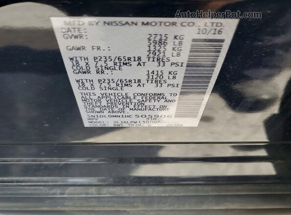 5N1DL0MN1HC505906 2017 INFINITI QX60 Blue Widok naklejki z numerem VIN