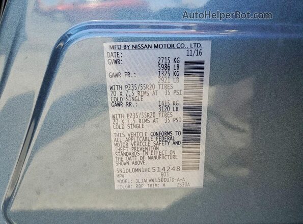 5N1DL0MN1HC514248 2017 INFINITI QX60 Gray Vista de la etiqueta del VIN